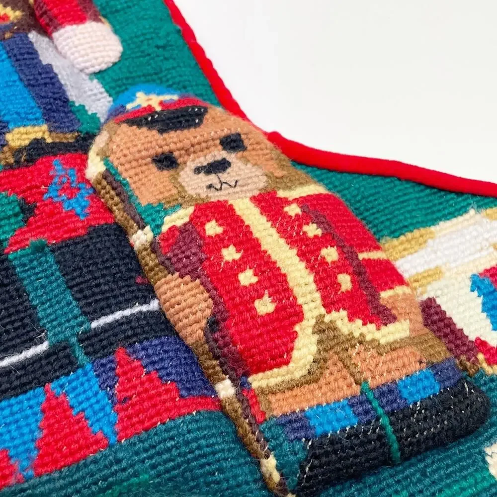 Vintage Needlepoint Wool Christmas Stocking Nutcracker Teddy Bear 3D